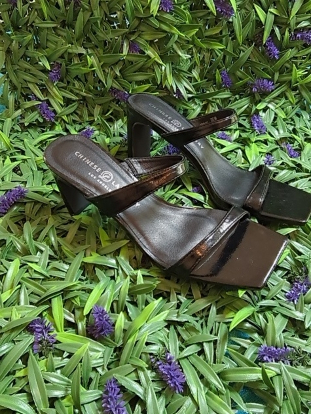 Chinese Laundry Black Patent Square-Toe Block Heel Mules